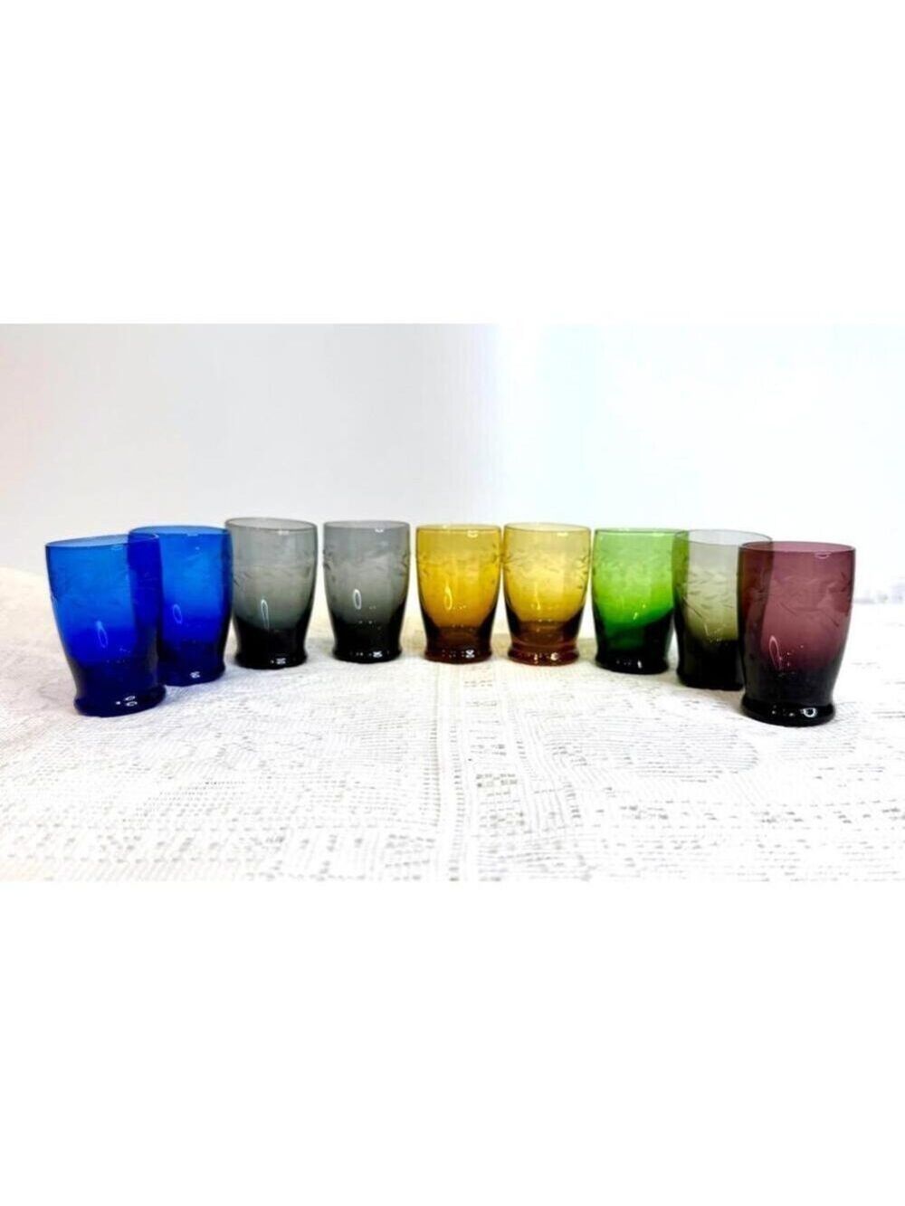 Set of 9 Vintage Korean Etched Design Multicolor Cordial Shot Glasses